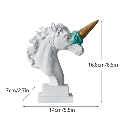 Modern white and pink ice cream horse head living room sculpture with white resin, golden waffle cone horn, and teal ice cream decorbites horse head