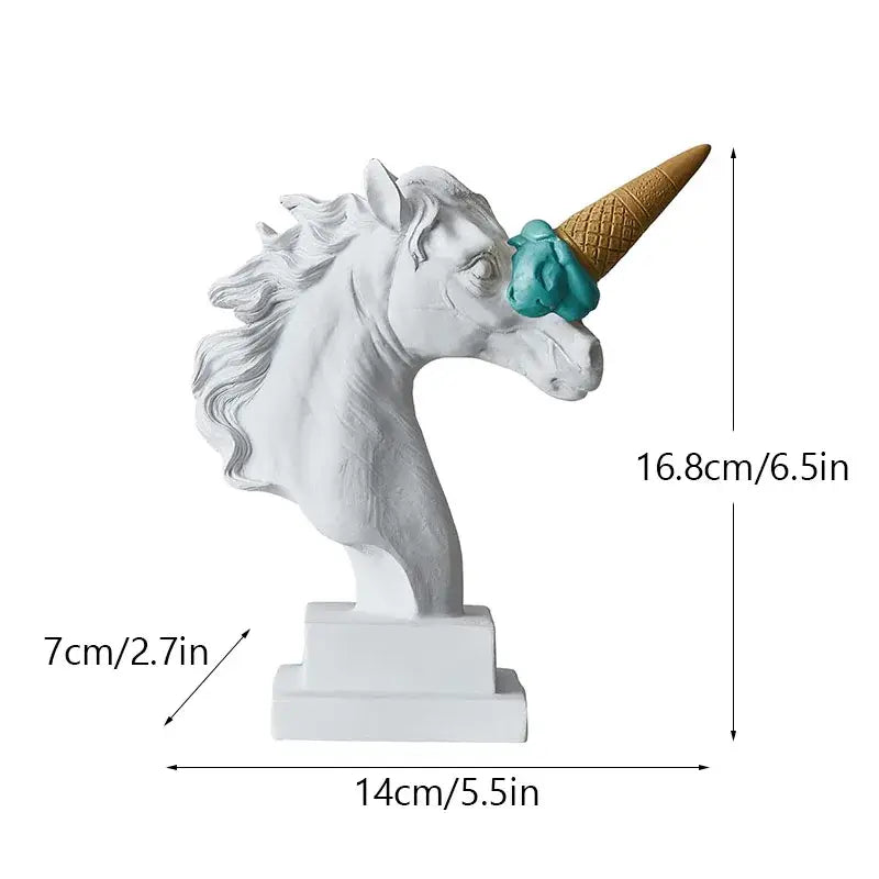 Modern white and pink ice cream horse head living room sculpture with white resin, golden waffle cone horn, and teal ice cream decorbites horse head