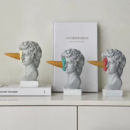 Gray resin busts with colorful ice cream cones on noses paired with modern white and pink ice cream horse head decorbites horse head living room sculpture