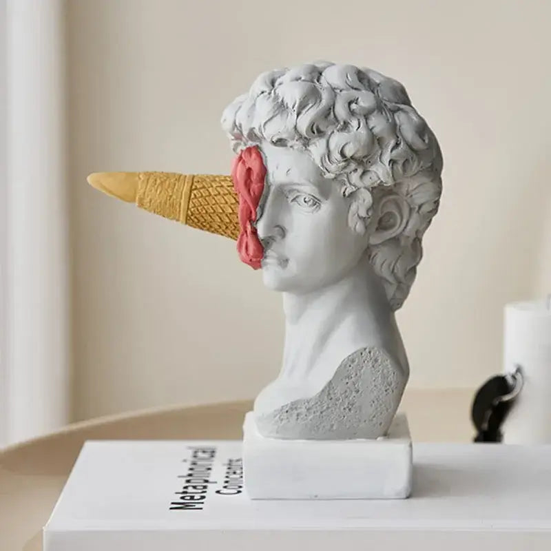 Modern white and pink ice cream horse head living room sculpture with gray resin bust featuring whimsical ice cream decorbites horse head