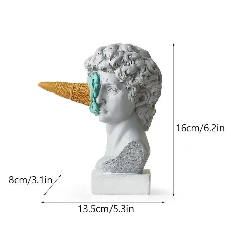 Gray resin bust with whimsical ice cream cone nose and teal wrapper eye detail modern white and pink ice cream horse head decorbites horse head sculpture
