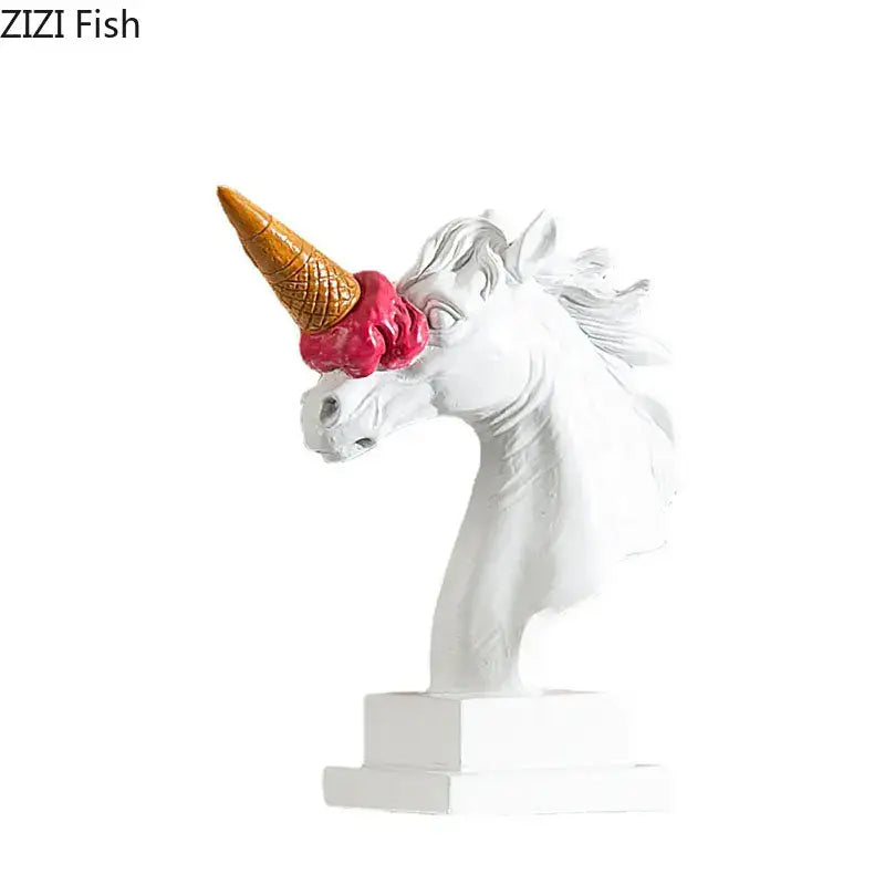 Modern white and pink ice cream horsehead sculpture with golden waffle cone melting decorbites ice cream for living room decor