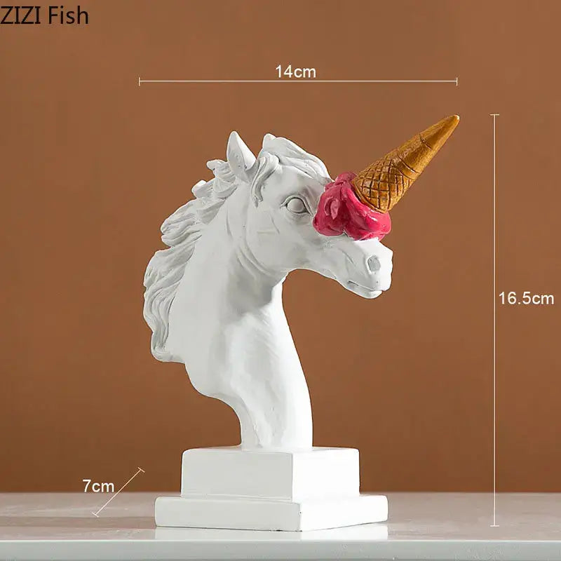 Modern white and pink ice cream horsehead resin sculpture with golden waffle cone horn for living room decor by zizi fish