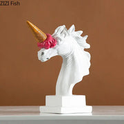 Modern white and pink ice cream horsehead statue with golden ice cream cone horn for living room decorbites ice cream decor