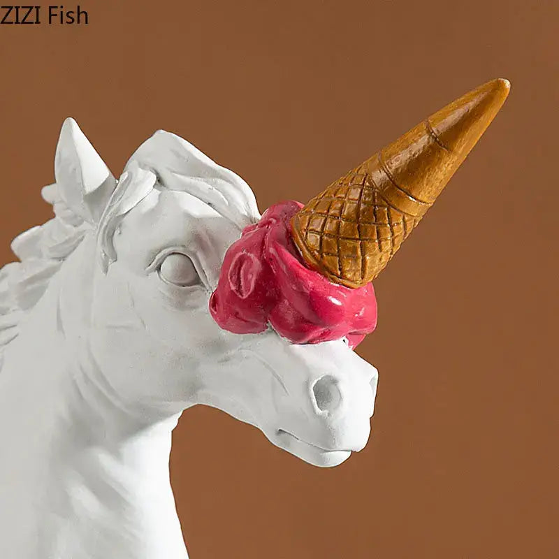 Modern white and pink ice cream horsehead statue with golden waffle cone horn for living room decor by decorbites ice cream
