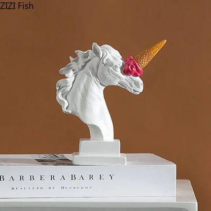 Modern white and pink ice cream horsehead sculpture with golden cone horn and pink rose made of glossy resin decorbites decor