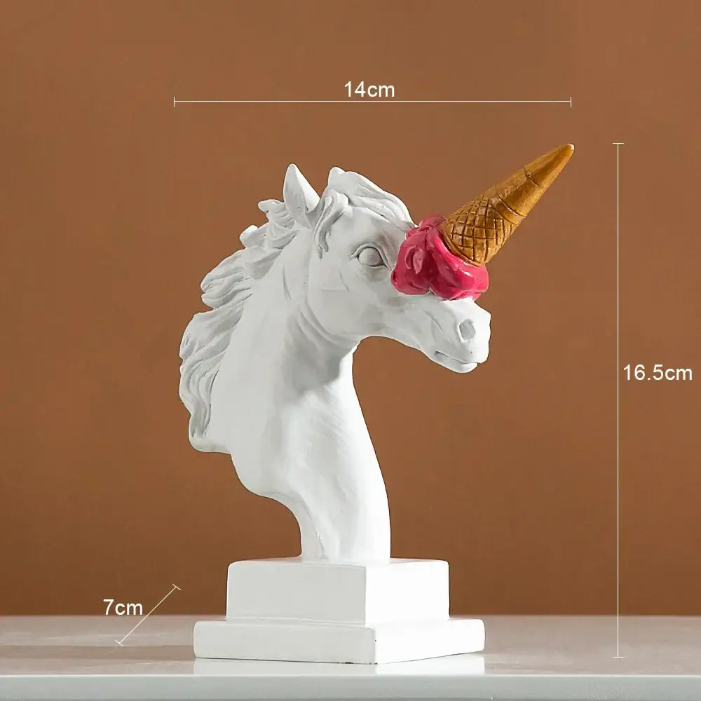Modern white and pink ice cream horsehead statue with golden waffle cone horn for decorbites ice cream living room decor