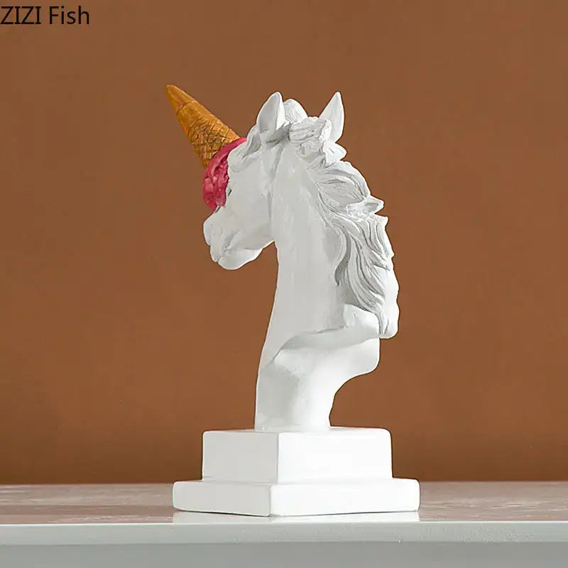 Modern white and pink ice cream horsehead statue with golden cone horn on white base for living room decorbites decor