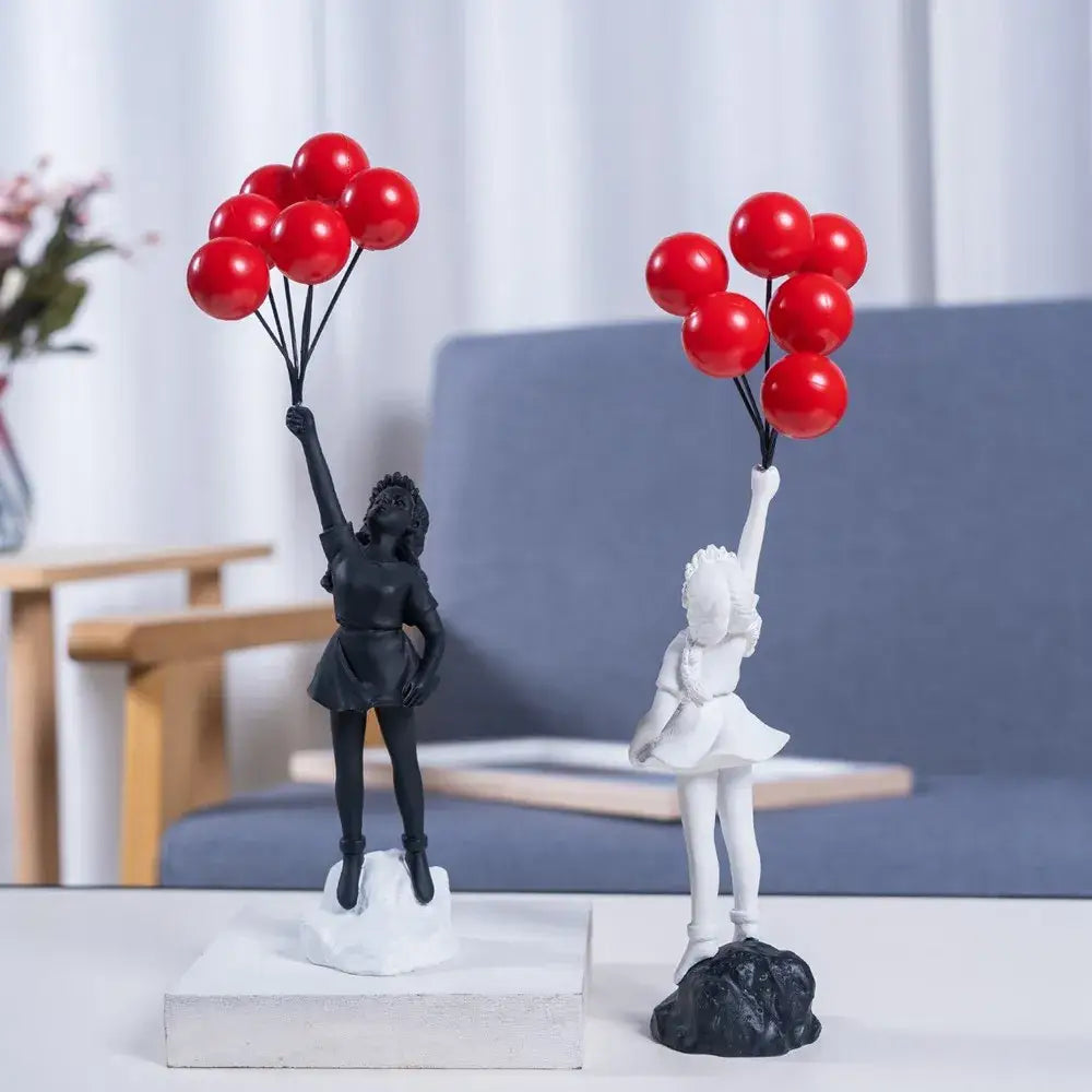 Modern white and red banksy girl balloon sculpture resin figurines of girls holding red balloons on contrasting bases