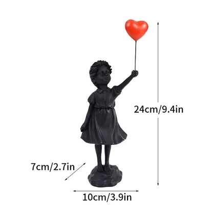 Black resin banksy girl balloon sculpture figure holding a red heart balloon for modern living room decor