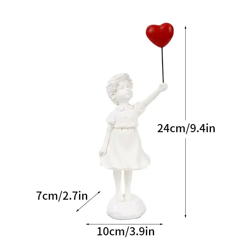Modern white resin banksy girl balloon sculpture holding a red heart balloon for living room decor