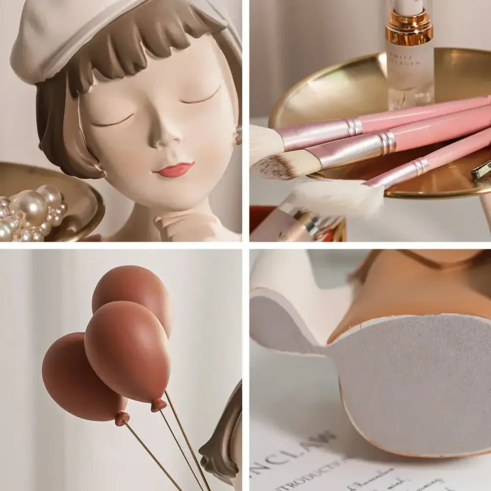 Porcelain balloon girl bust figurine with closed eyes wearing beige beret in modern white and tan living room sculpture