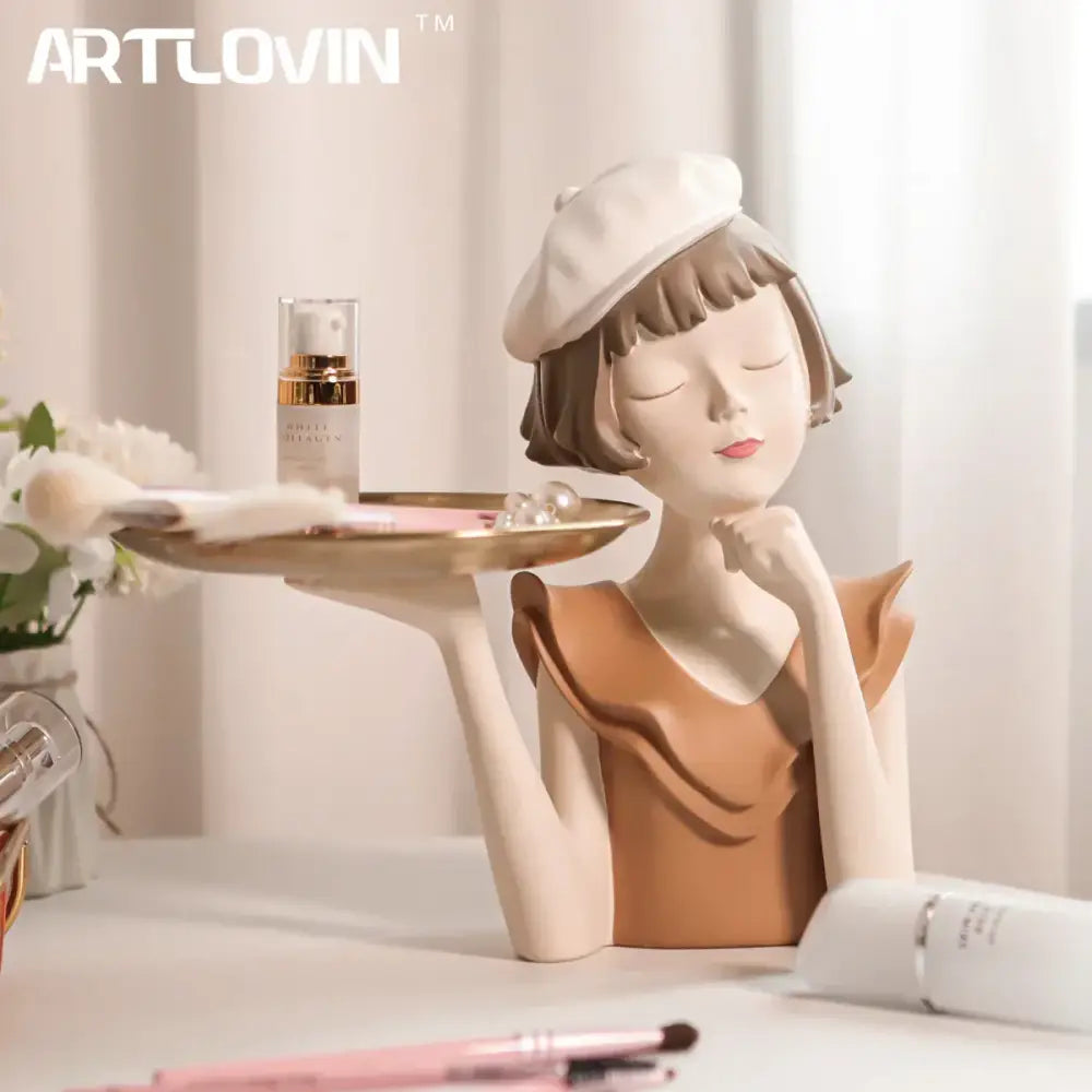 Artlovin™ ceramic balloon girl bust figurine in white beret and tan dress holding gold tray for living room sculpture