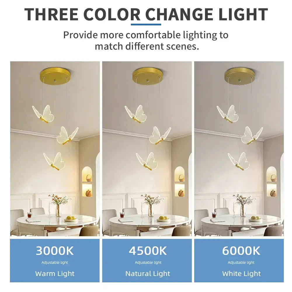 Modern white and warm gold ceiling-mounted pendant light with three translucent butterfly-shaped adjustable lights
