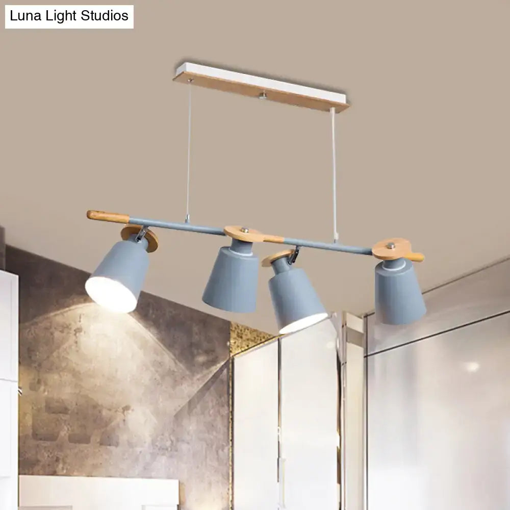 Modern blue metal track light with wooden accents and adjustable spotlights using e26 e27 bulb base for restaurants