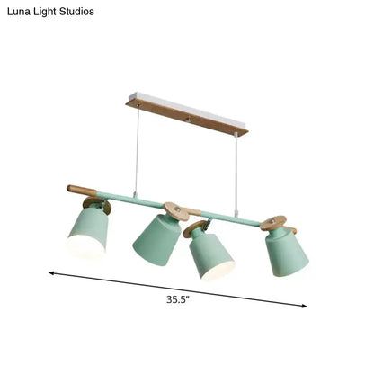 Pastel green matte DecorBites nordic metal linear chandelier with wooden accents and four adjustable e26 e27 bulb base shades