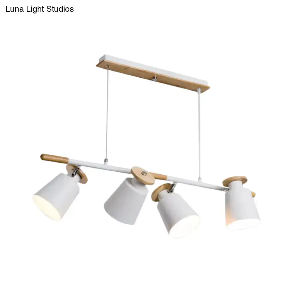 Modern white and wood-toned nordic metal linear chandelier with four adjustable e26 e27 bulb base spotlight heads for restaurants