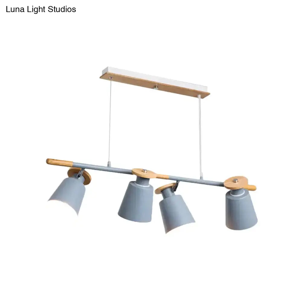 Modern gray metal pendant light with wooden accents and four adjustable e26 e27 bulb base spotlights for restaurants