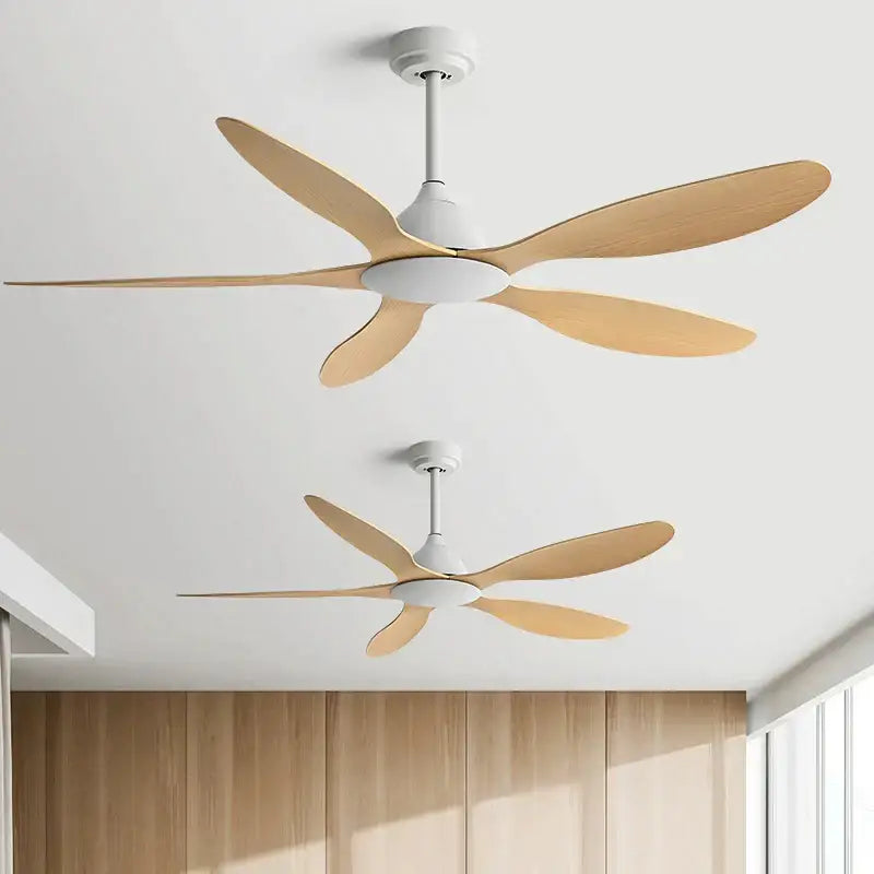 Modern 56-inch ceiling fan with five light-colored wooden blades and white central housing for office use