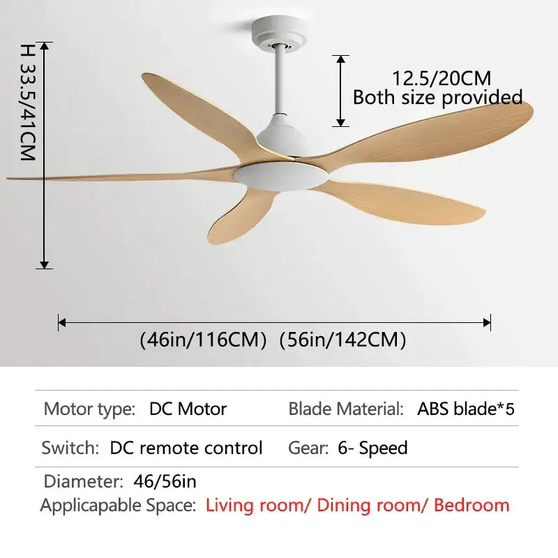 Modern white and wood 56-inch ceiling fan with five light wood abs blades and white motor housing for office use
