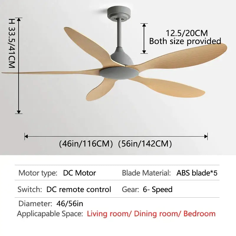 Modern white and wood 56-inch ceiling fan with five light wood abs blades and matte gray central housing for office use