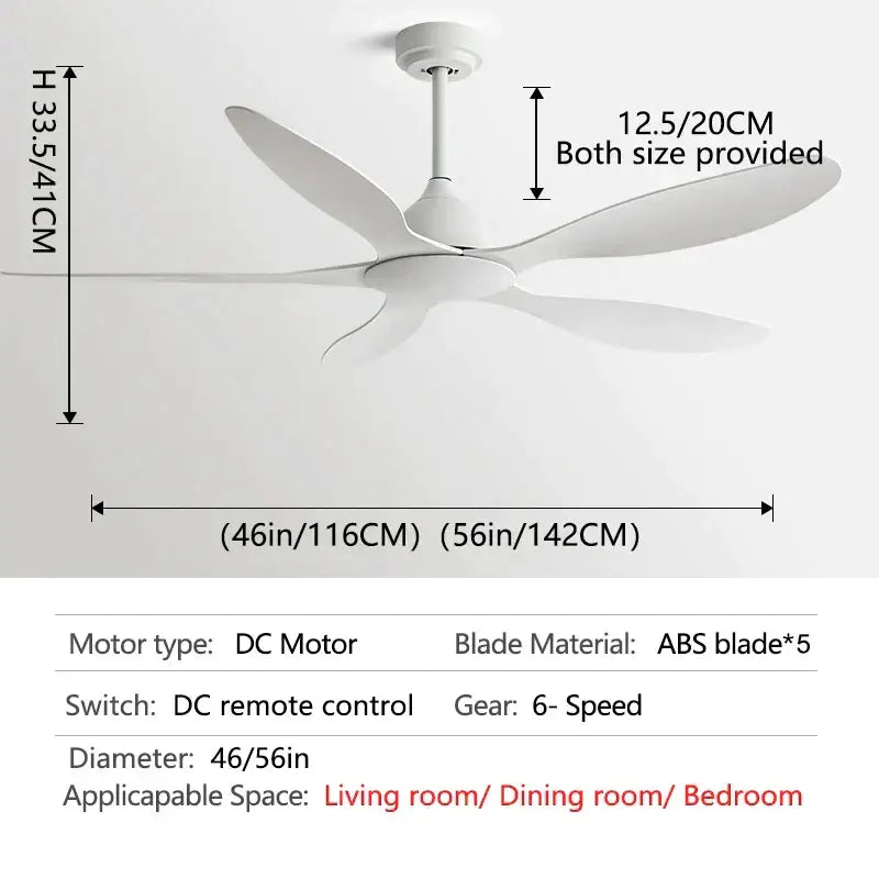 Modern white and wood 56-inch ceiling fan with five sleek abs blades and dc motor for office use