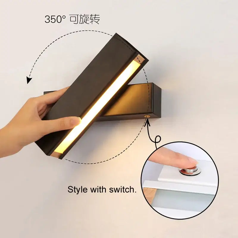 Black rectangular wall lamp with 350-degree rotating design and minimalist switch for decorbites adjustable wooden led use