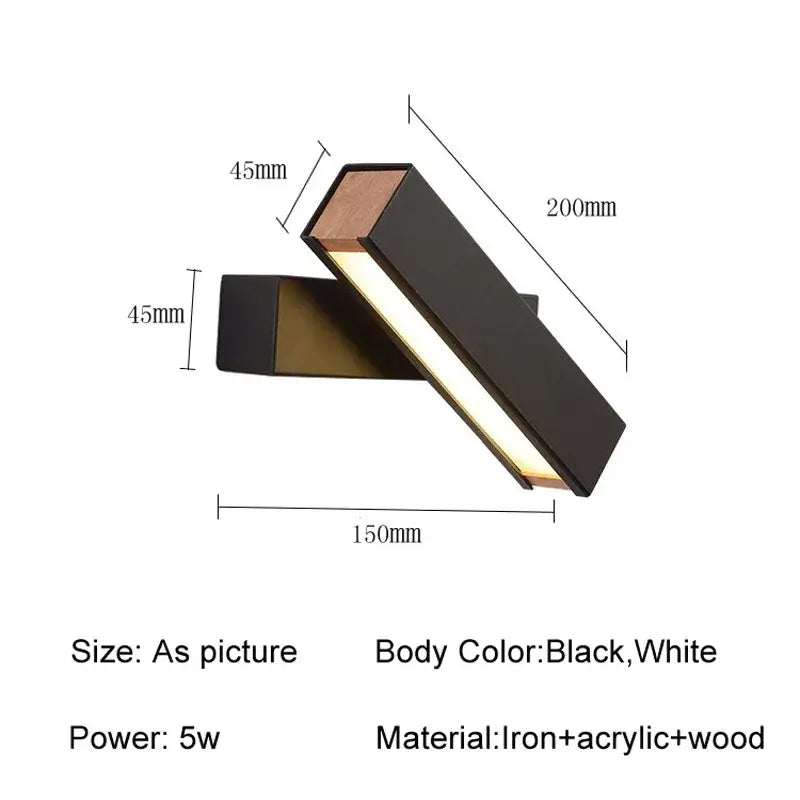 Modern white and wood adjustable wooden led wall lamp featuring a sleek black and white iron acrylic design