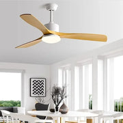 Modern white and wood blade dc ceiling fan with integrated led light and remote control for bedroom use