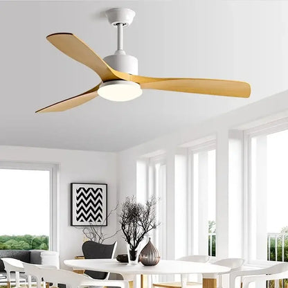 Modern white and wood blade dc ceiling fan with integrated led light and remote control for bedroom use