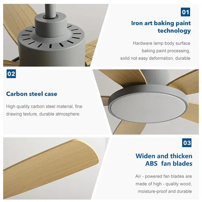 Modern white and wood ceiling fan with matte gray carbon steel motor and wood finish blades for decorbites living bedroom use