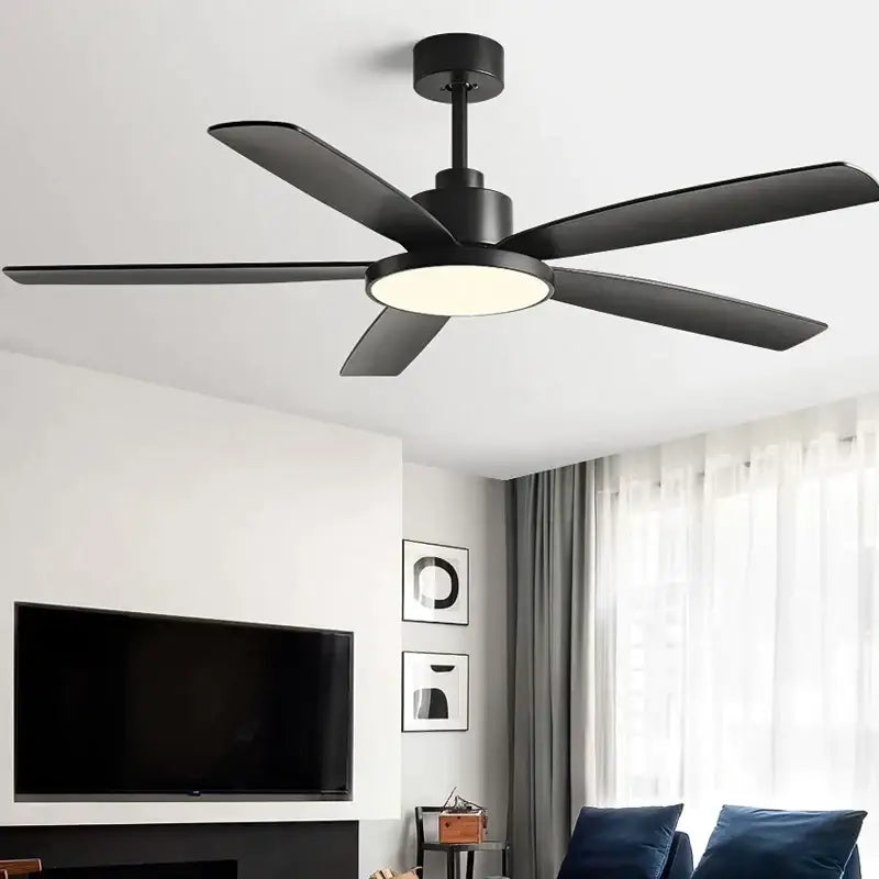 Black five-blade ceiling fan with integrated circular light fixture for decorbites living bedroom ceiling use