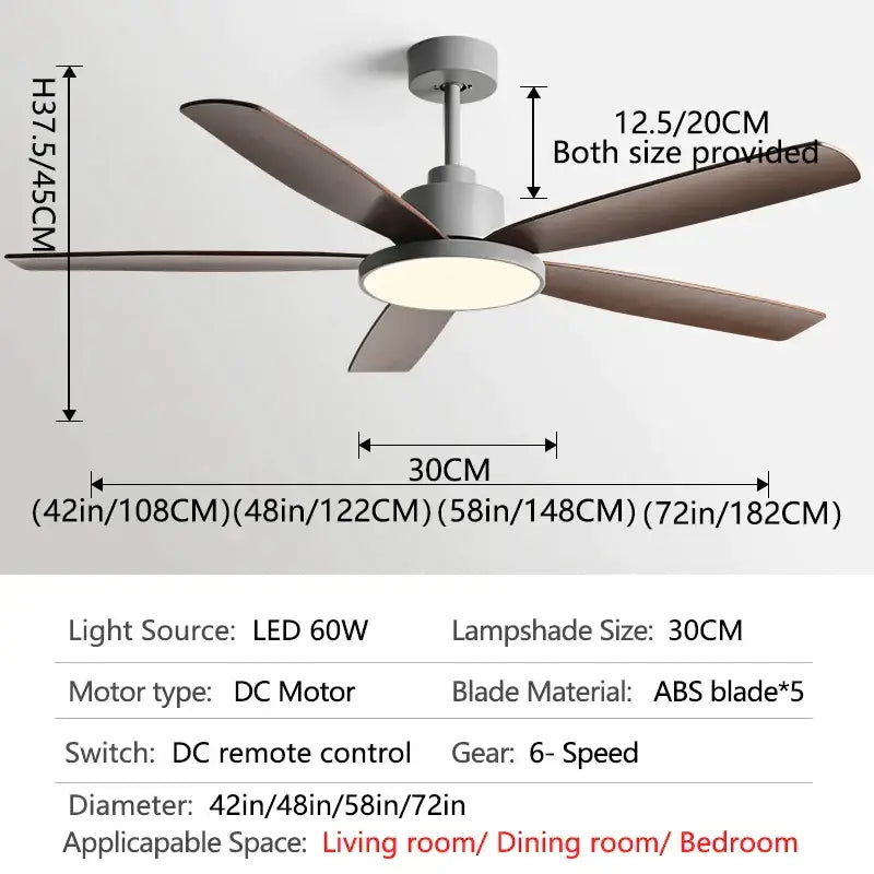 Modern ceiling fan with five dark brown ABS blades and gray housing featuring LED light for decorbites living bedroom ceiling