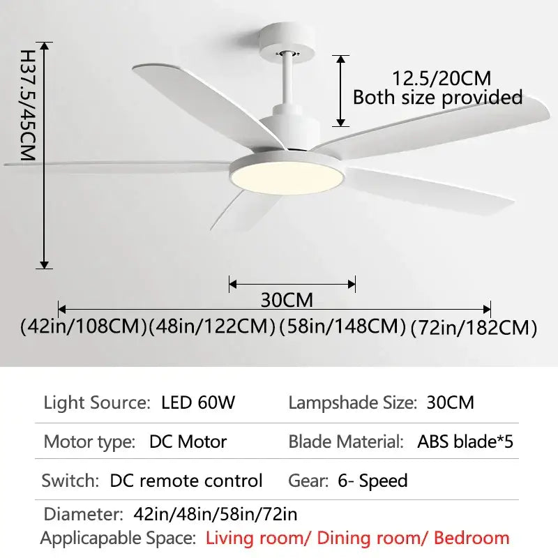 Modern white and wood ceiling fan with five abs blades and 30cm led light for decorbites living bedroom ceiling