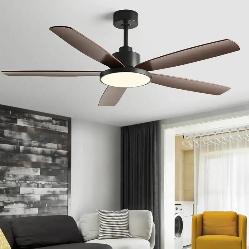 Modern ceiling fan with five dark brown wooden blades and integrated led light for decorbites living bedroom ceiling