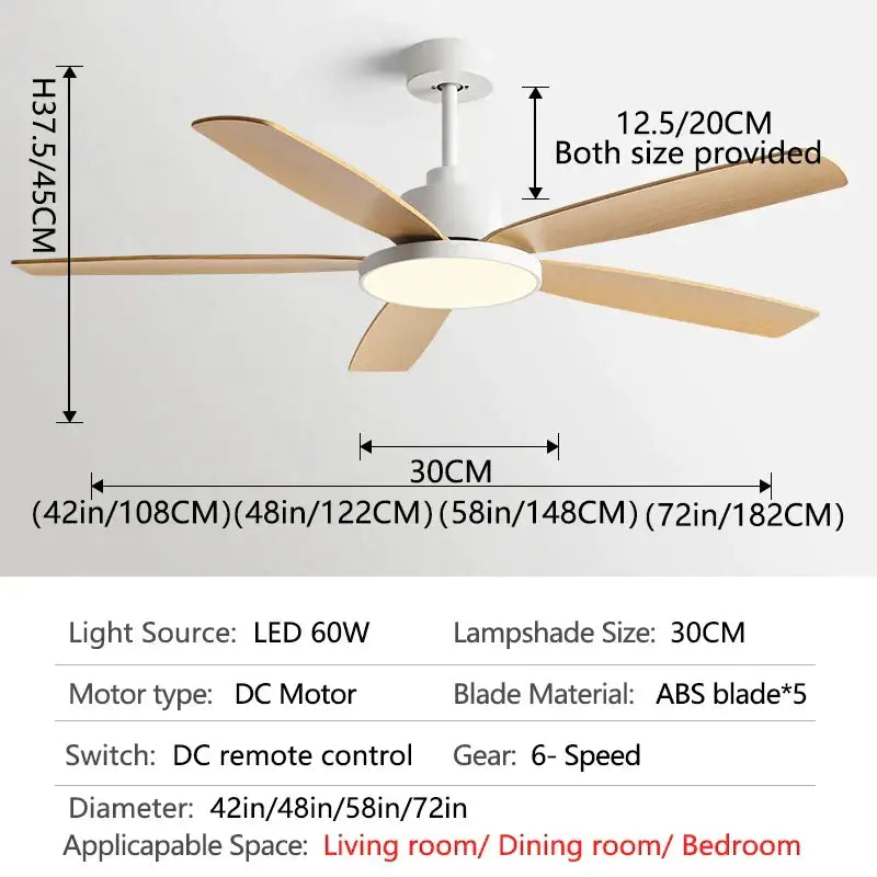 Modern white and wood ceiling fan with five light wood blades and circular led lampshade for decorbites living bedroom ceiling