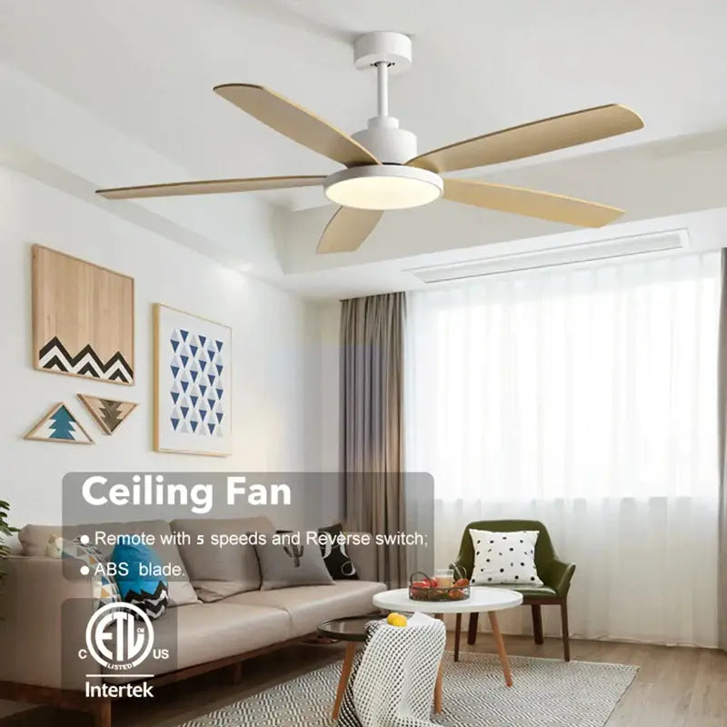 Modern white and wood ceiling fan with five light-colored wooden blades for decorbites living bedroom ceiling use