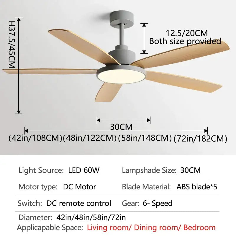 Modern ceiling fan with five light wood blades and gray housing with led lamp for decorbites living bedroom ceiling use