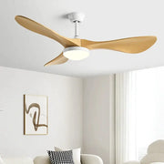 Modern ceiling fan with three light wood blades and white housing featuring integrated circular led light for living room use