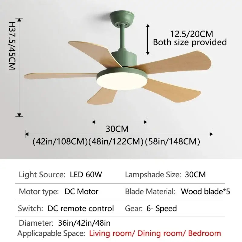 Modern ceiling fan with five light wooden blades and sage green housing with led light for bedroom restaurant ceiling
