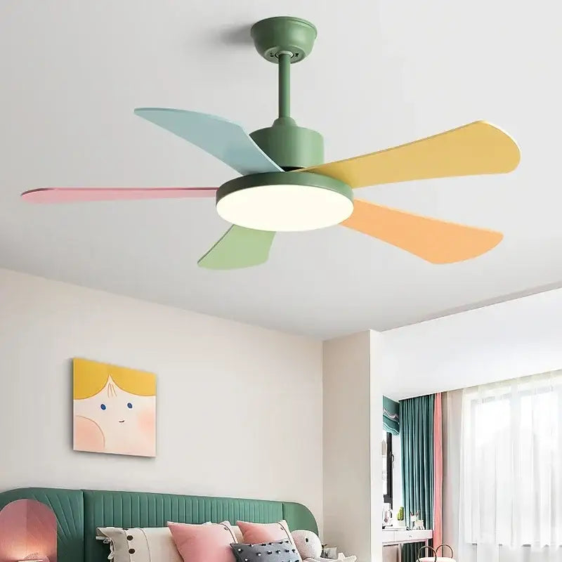 Modern white and wood ceiling fan with pastel-colored blades and led light for bedroom restaurant ceiling use