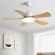 Modern white and wood ceiling fan with five light wooden blades and integrated led light for bedroom restaurant ceiling