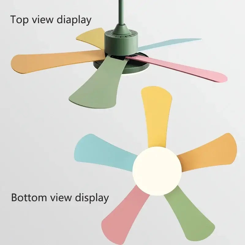 Modern white and wood ceiling fan with pastel-colored blades and led light designed for bedroom restaurant ceiling use