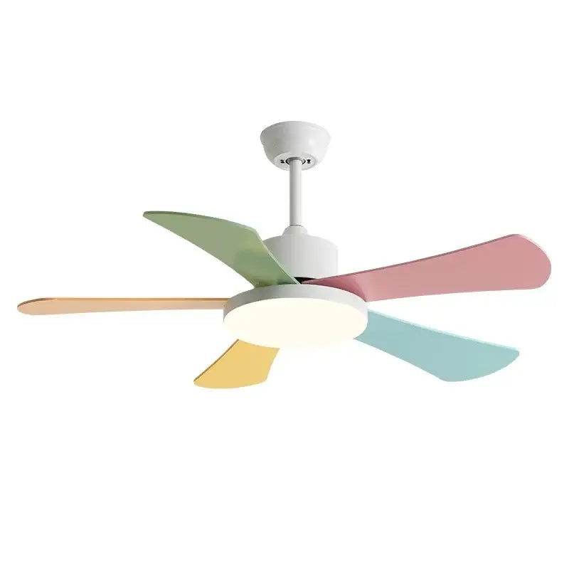 Modern white and wood ceiling fan with pastel-colored blades and led light for bedroom and restaurant ceiling use