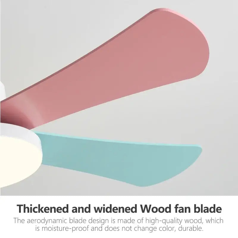 Modern white and wood ceiling fan with pastel pink and teal thickened wood blades for bedroom restaurant ceiling use