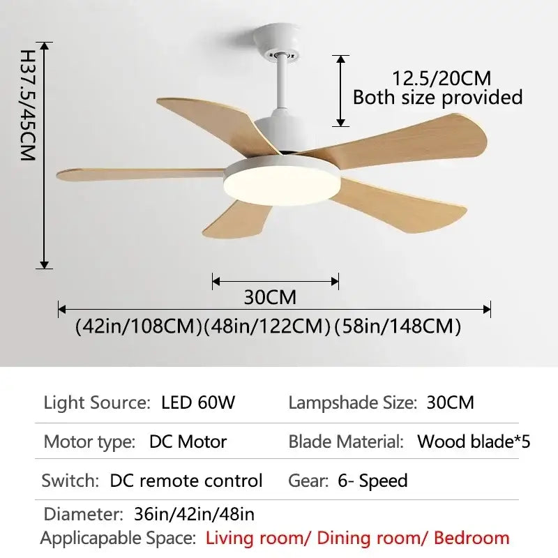Modern white and wood ceiling fan with five light wooden blades and circular led lampshade for bedroom restaurant ceiling