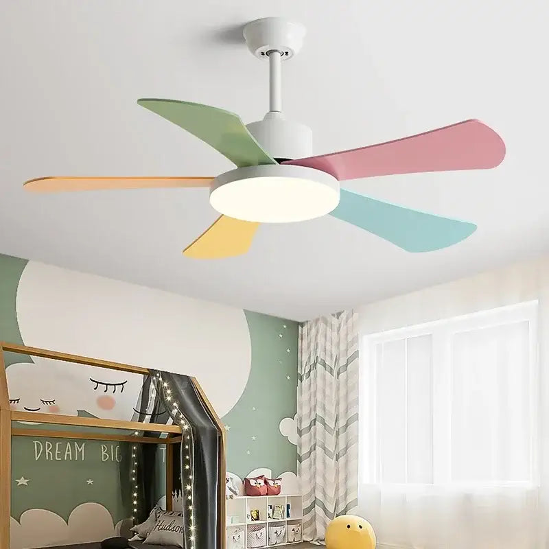 Modern white and wood ceiling fan with pastel-colored blades and led light suitable for bedroom restaurant ceiling use