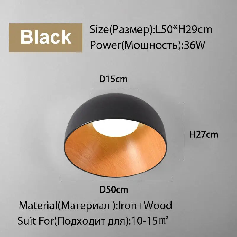 Modern black dome ceiling light with wooden interior made of iron and wood ideal for duo ceiling kitchen lighting