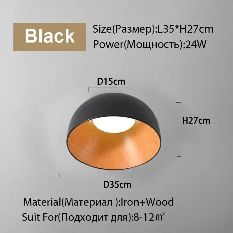 Modern white and wood duo ceiling light featuring a black dome iron lamp with a copper interior for kitchen use