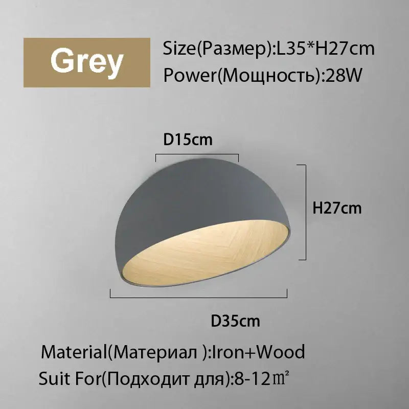 Modern white and wood duo ceiling light featuring a grey dome lamp with matte iron exterior and light wood interior